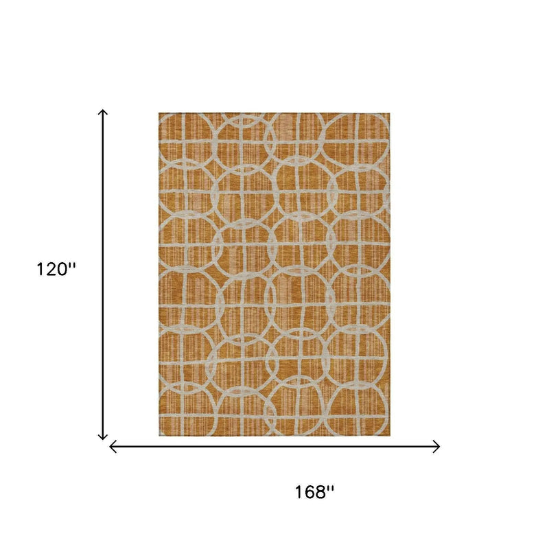 10' X 14' Orange And Beige Geometric Washable Indoor Outdoor Area Rug Homeroots Outdoor