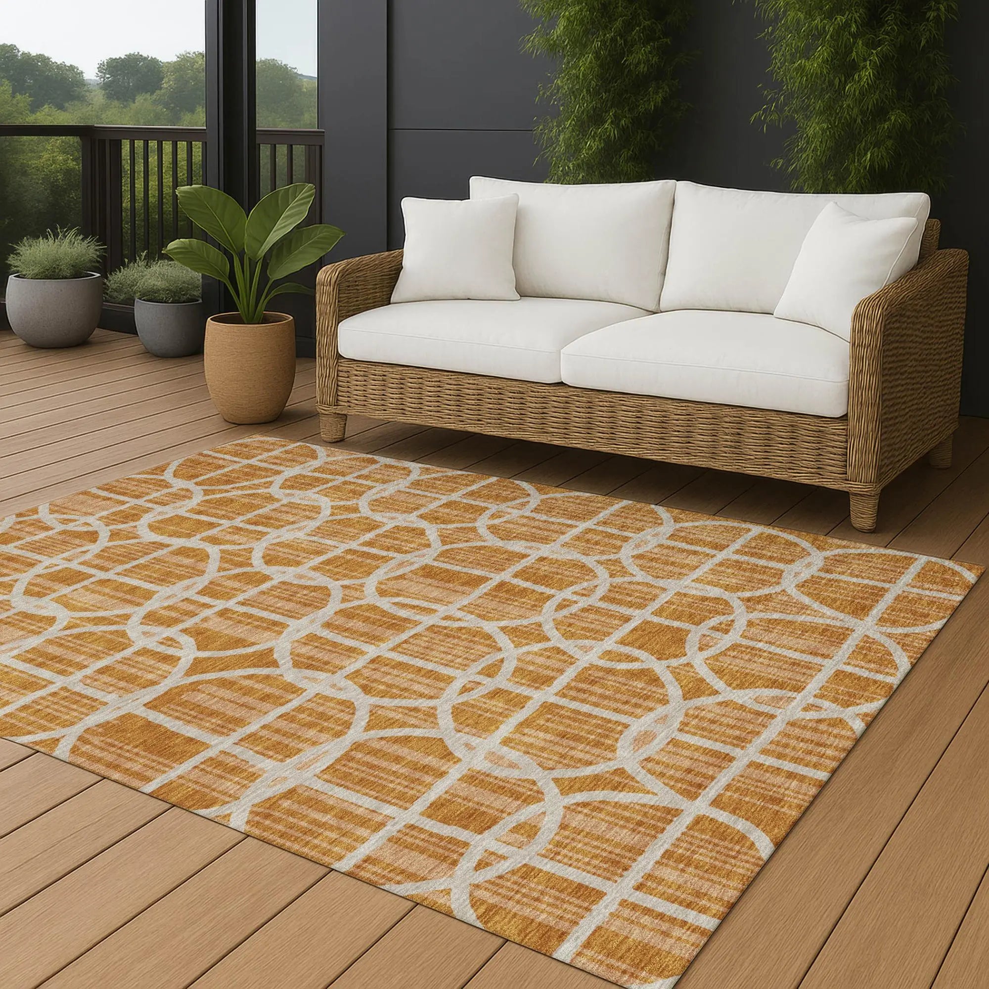 10' X 14' Orange And Beige Geometric Washable Indoor Outdoor Area Rug Homeroots Outdoor