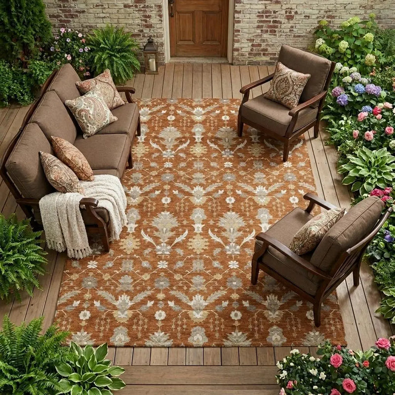 10' X 14' Orange And Beige Oriental Washable Indoor Outdoor Area Rug Homeroots Outdoor