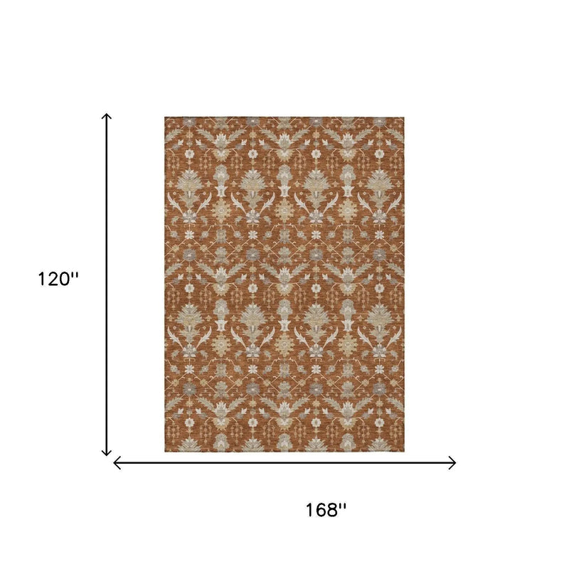 10' X 14' Orange And Beige Oriental Washable Indoor Outdoor Area Rug Homeroots Outdoor