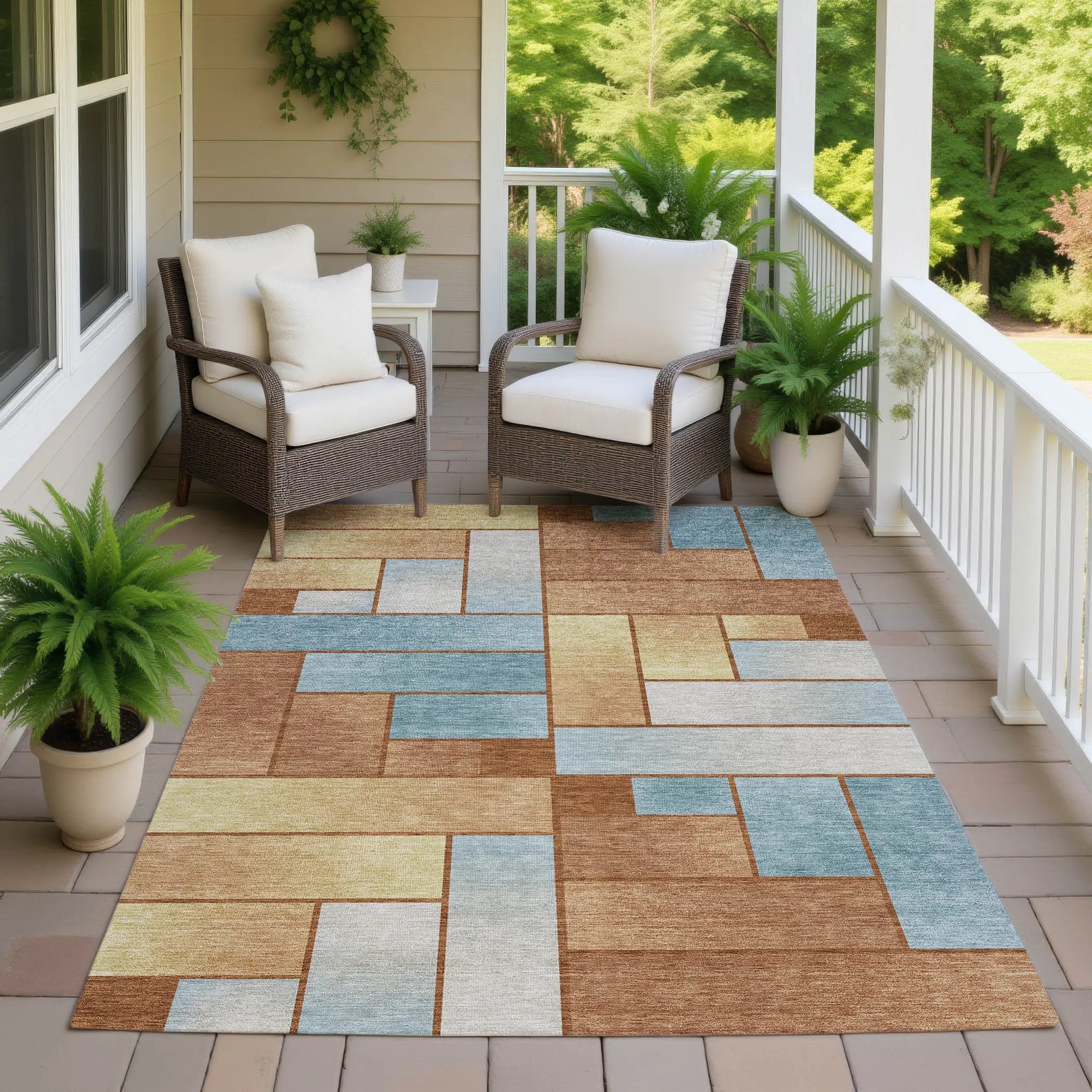 10' X 14' Orange And Blue Geometric Washable Indoor Outdoor Area Rug Homeroots Outdoor