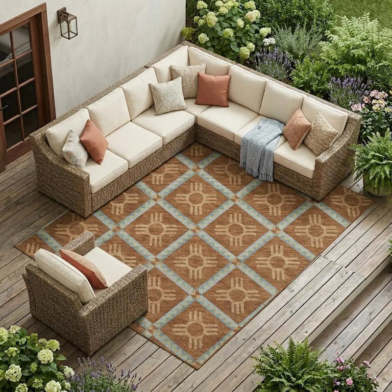 10' X 14' Orange And Blue Geometric Washable Indoor Outdoor Area Rug Homeroots Outdoor