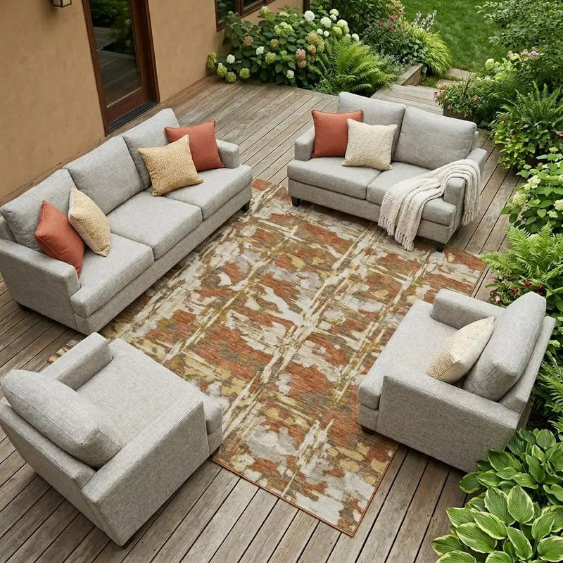 10' X 14' Orange And Brown Abstract Washable Indoor Outdoor Area Rug Homeroots Outdoor