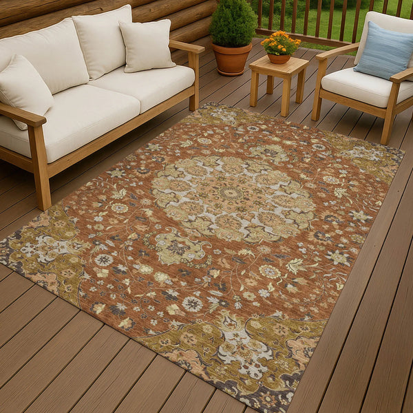 10' X 14' Orange And Brown Damask Washable Indoor Outdoor Area Rug Homeroots Outdoor