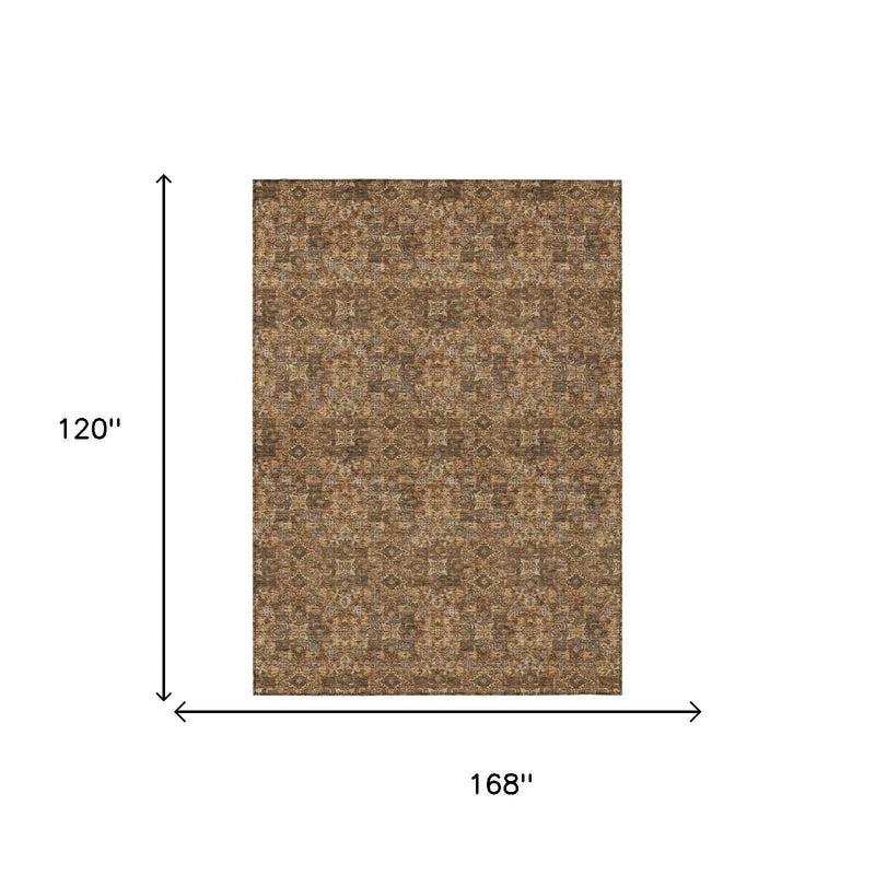 10' X 14' Orange And Brown Damask Washable Indoor Outdoor Area Rug Homeroots Outdoor