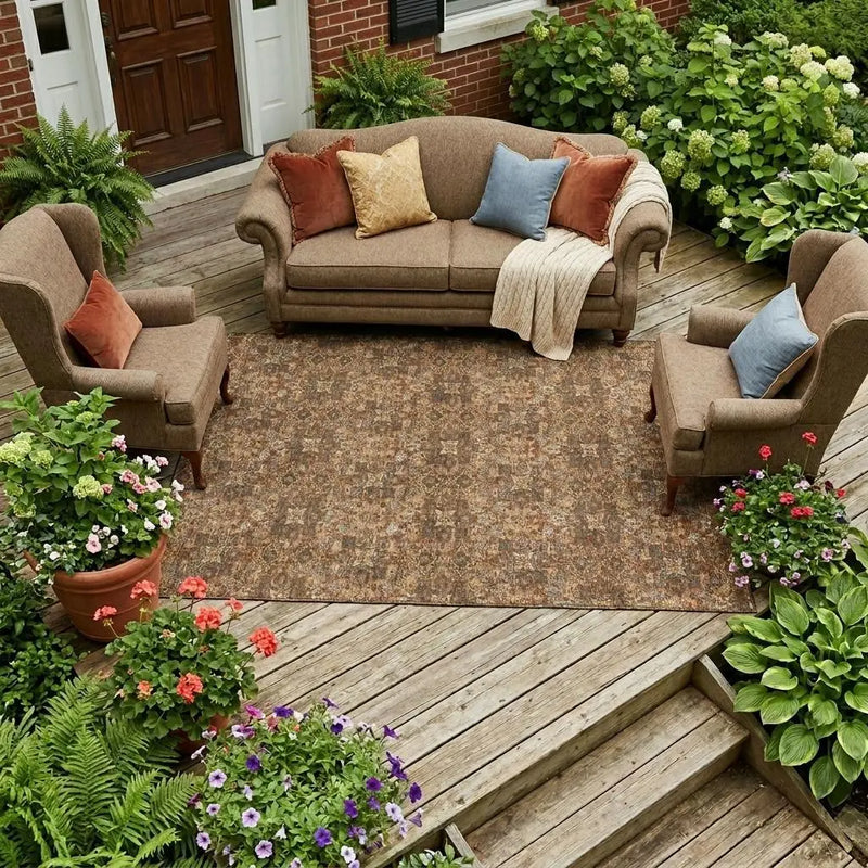 10' X 14' Orange And Brown Damask Washable Indoor Outdoor Area Rug Homeroots Outdoor
