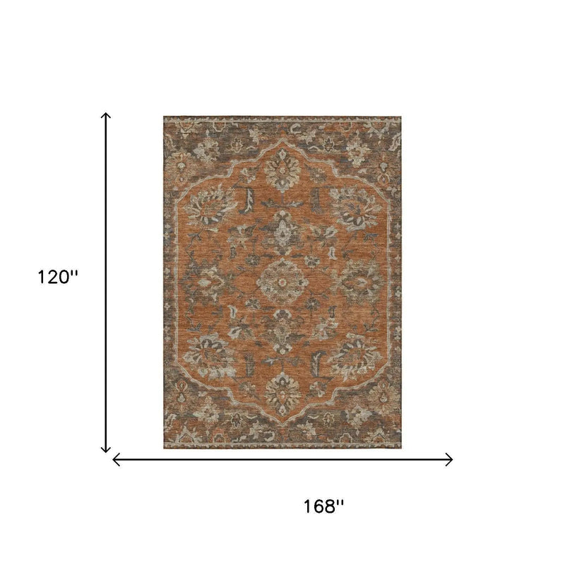 10' X 14' Orange And Brown Floral Medallion Washable Indoor Outdoor Area Rug Homeroots Outdoor