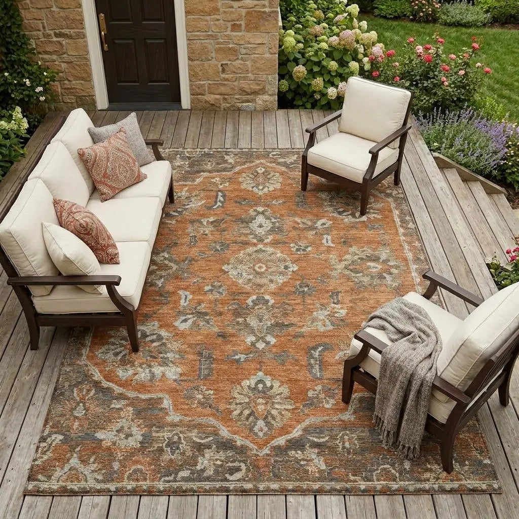 10' X 14' Orange And Brown Floral Medallion Washable Indoor Outdoor Area Rug Homeroots Outdoor