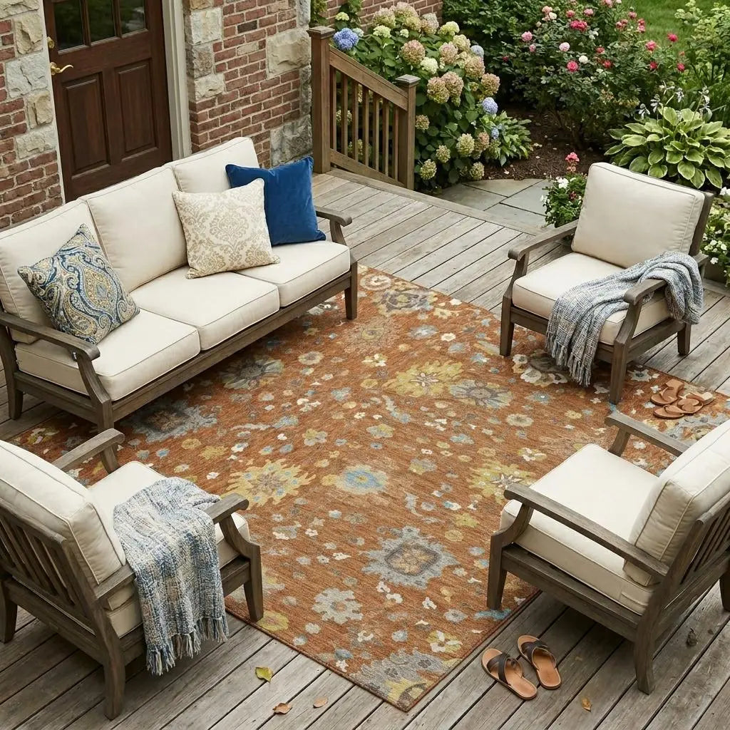 10' X 14' Orange And Brown Floral Washable Indoor Outdoor Area Rug Homeroots Outdoor
