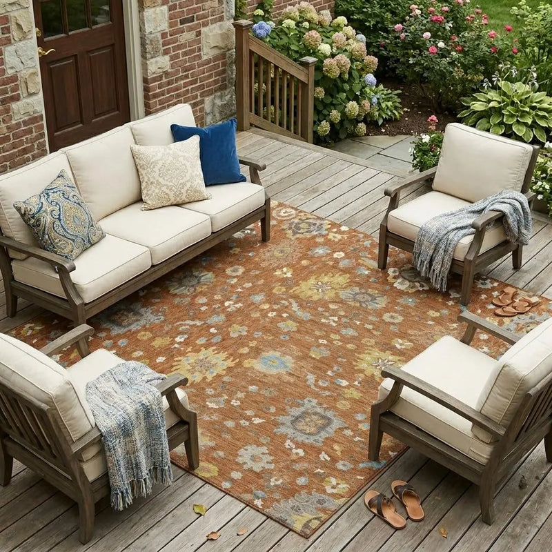 10' X 14' Orange And Brown Floral Washable Indoor Outdoor Area Rug Homeroots Outdoor