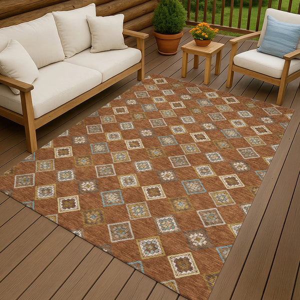 10' X 14' Orange And Brown Geometric Washable Indoor Outdoor Area Rug Homeroots Outdoor