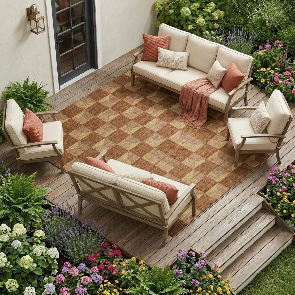 10' X 14' Orange And Brown Geometric Washable Indoor Outdoor Area Rug Homeroots Outdoor