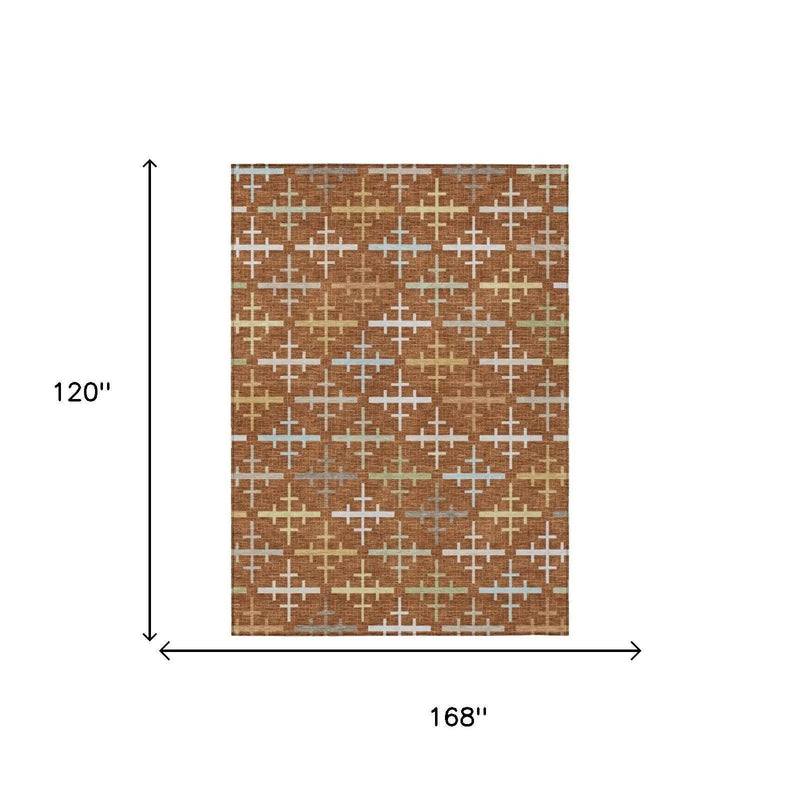 10' X 14' Orange And Brown Geometric Washable Indoor Outdoor Area Rug Homeroots Outdoor