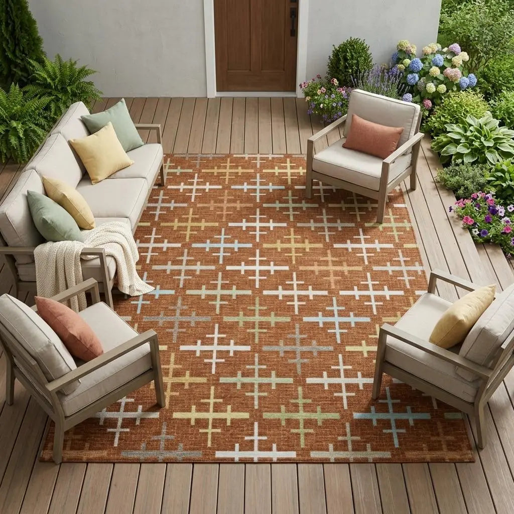 10' X 14' Orange And Brown Geometric Washable Indoor Outdoor Area Rug Homeroots Outdoor