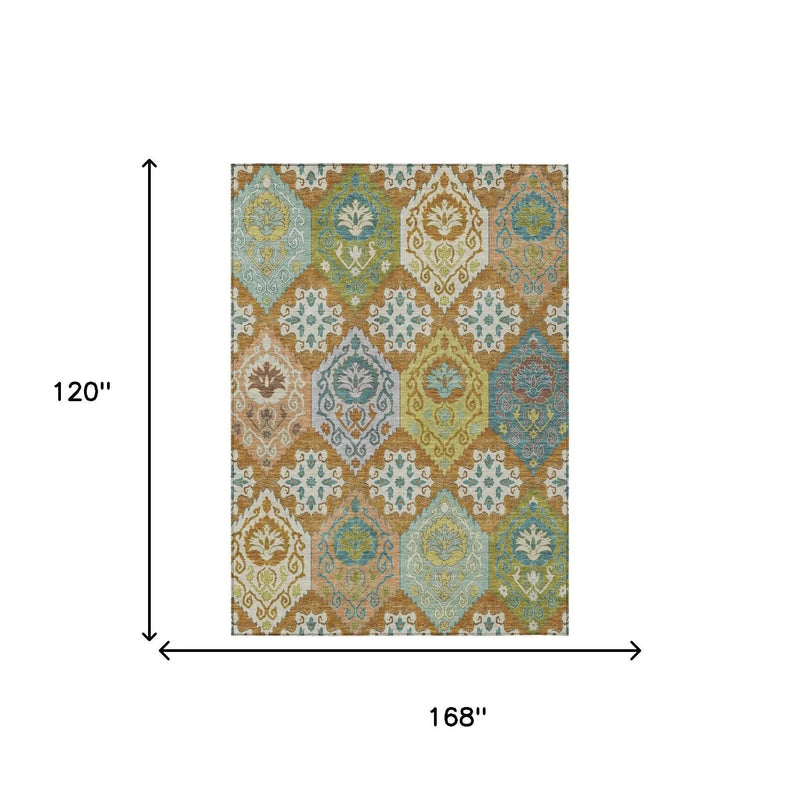 10' X 14' Orange And Brown Geometric Washable Indoor Outdoor Area Rug Homeroots Outdoor