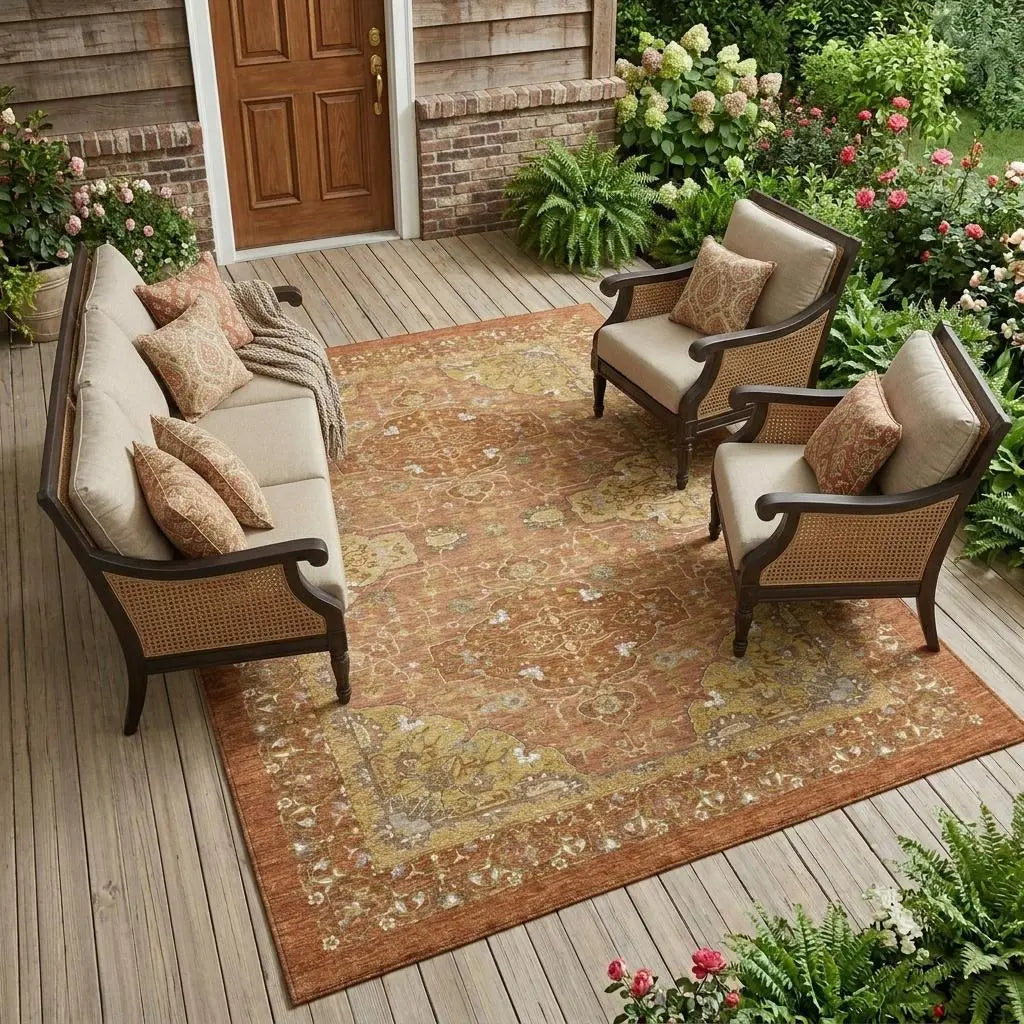 10' X 14' Orange And Brown Oriental Washable Indoor Outdoor Area Rug Homeroots Outdoor