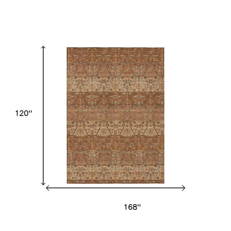 10' X 14' Orange And Brown Oriental Washable Indoor Outdoor Area Rug Homeroots Outdoor