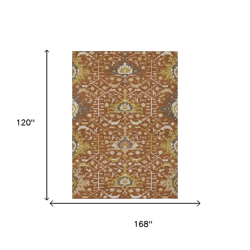 10' X 14' Orange And Brown Oriental Washable Indoor Outdoor Area Rug Homeroots Outdoor