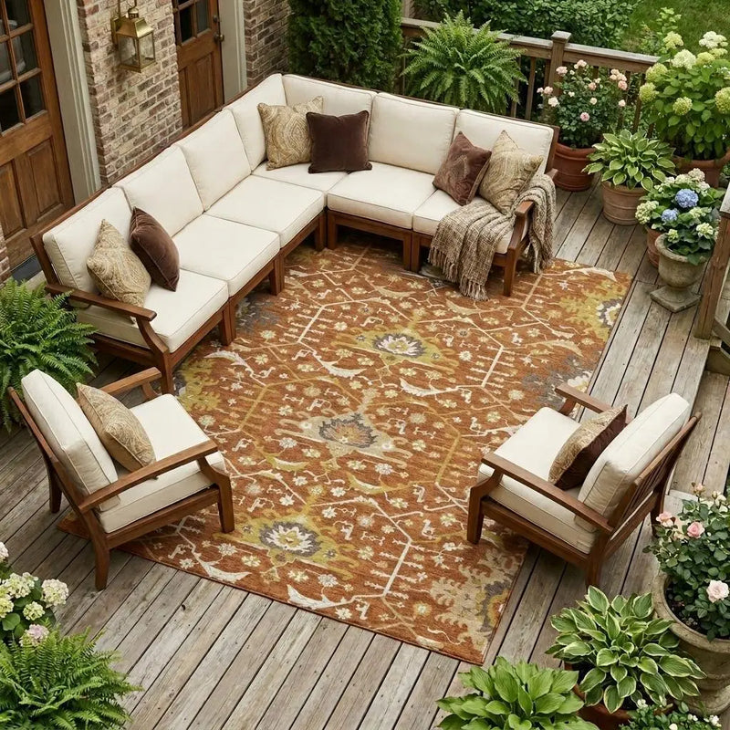 10' X 14' Orange And Brown Oriental Washable Indoor Outdoor Area Rug Homeroots Outdoor