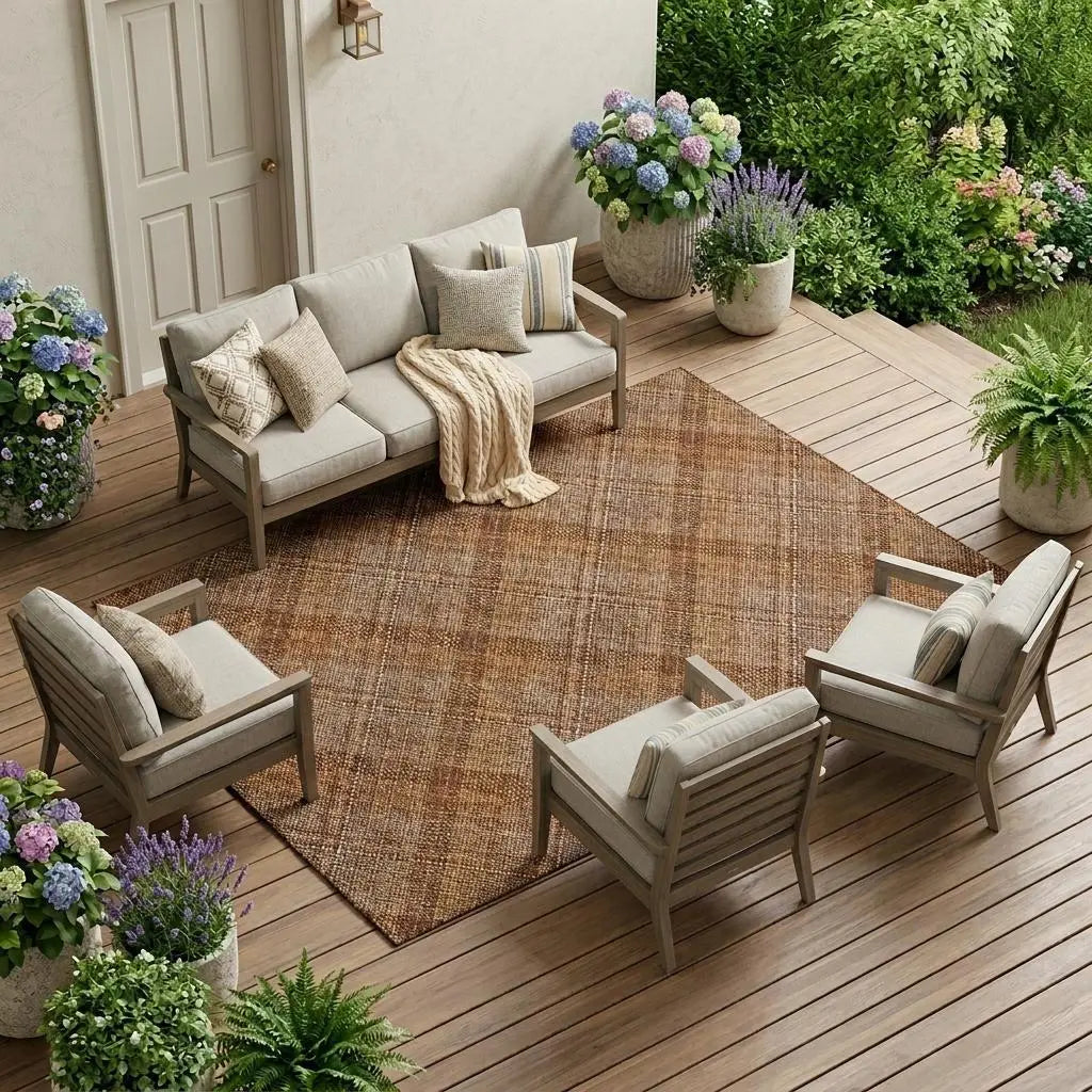 10' X 14' Orange And Brown Plaid Washable Indoor Outdoor Area Rug Homeroots Outdoor