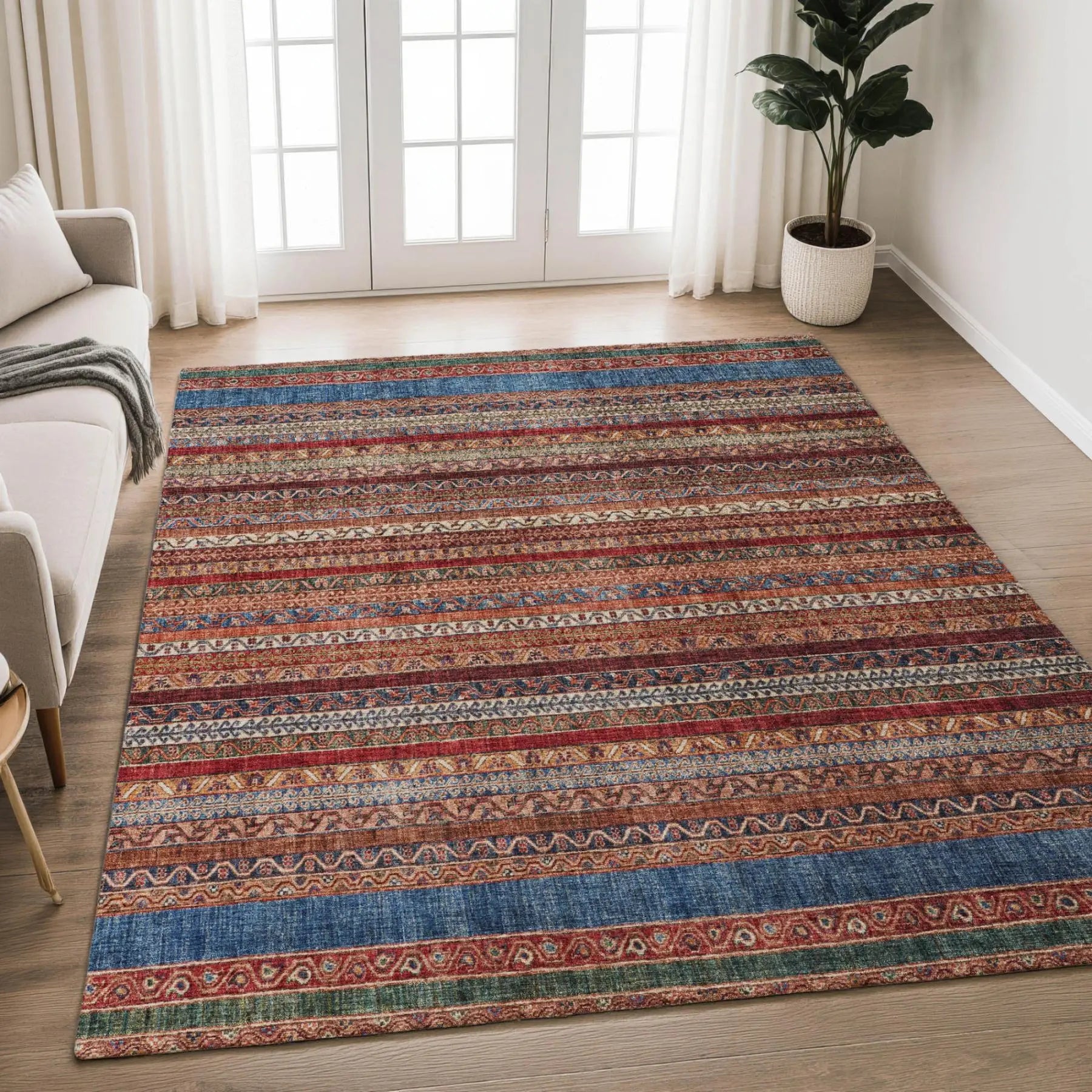 10' X 14' Orange And Burgundy Striped Washable Indoor Outdoor Area Rug Homeroots Outdoor