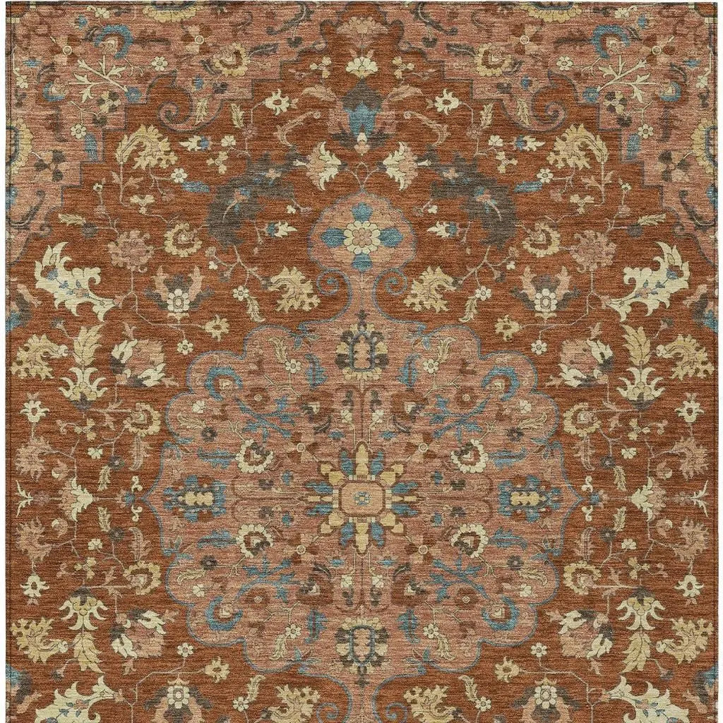 10' X 14' Orange And Copper Floral Medallion Washable Indoor Outdoor Area Rug Homeroots Outdoor