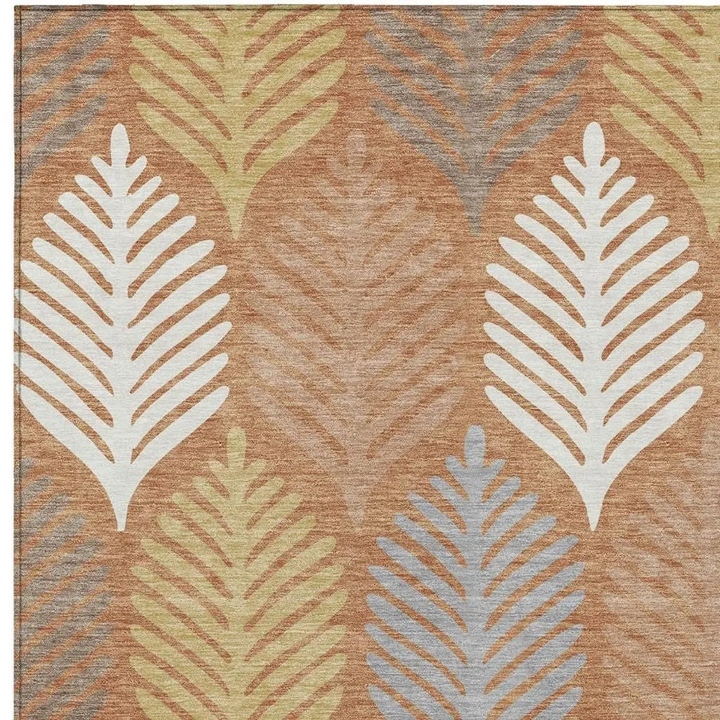 10' X 14' Orange And Copper Floral Washable Indoor Outdoor Area Rug Homeroots Outdoor