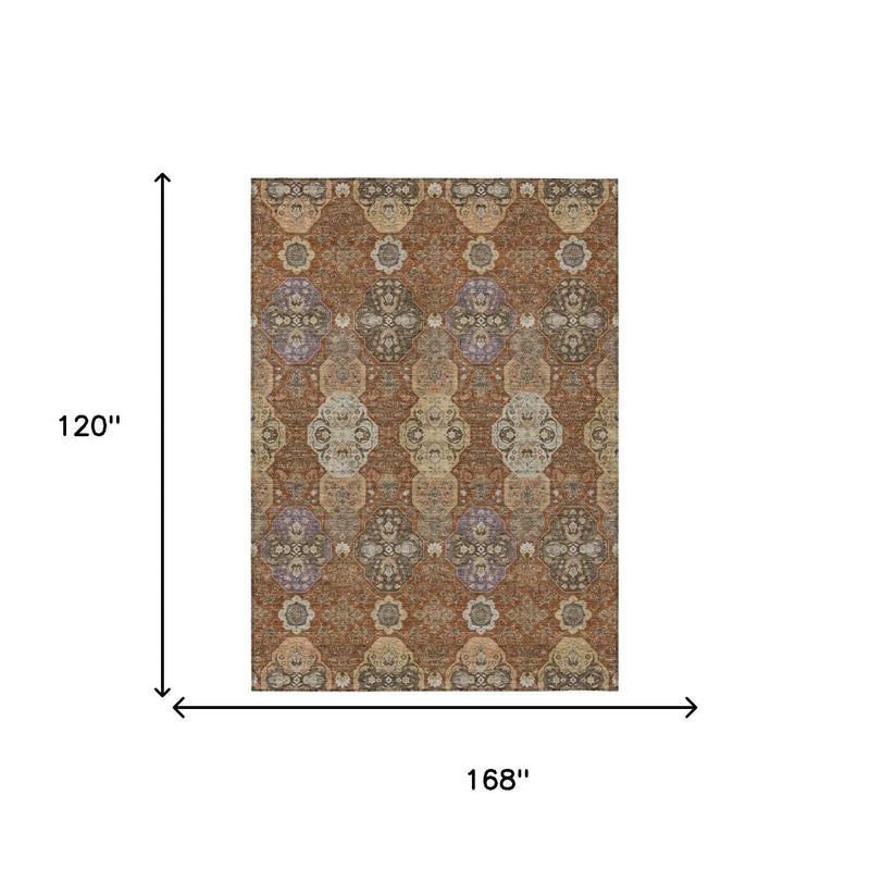 10' X 14' Orange And Copper Floral Washable Indoor Outdoor Area Rug Homeroots Outdoor