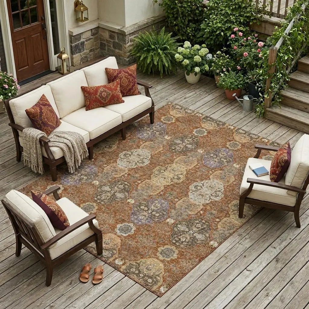 10' X 14' Orange And Copper Floral Washable Indoor Outdoor Area Rug Homeroots Outdoor