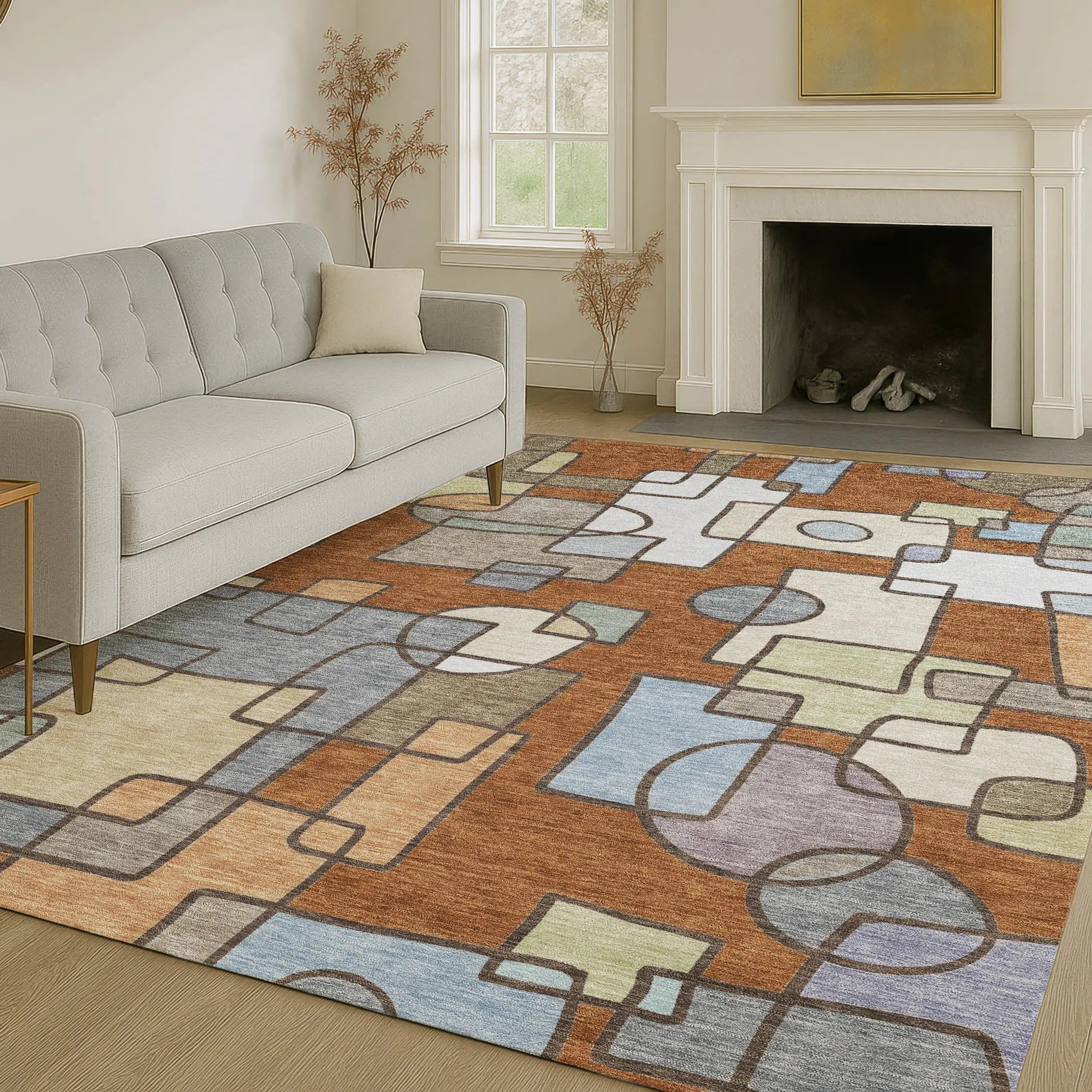 10' X 14' Orange And Copper Geometric Washable Indoor Outdoor Area Rug Homeroots Outdoor