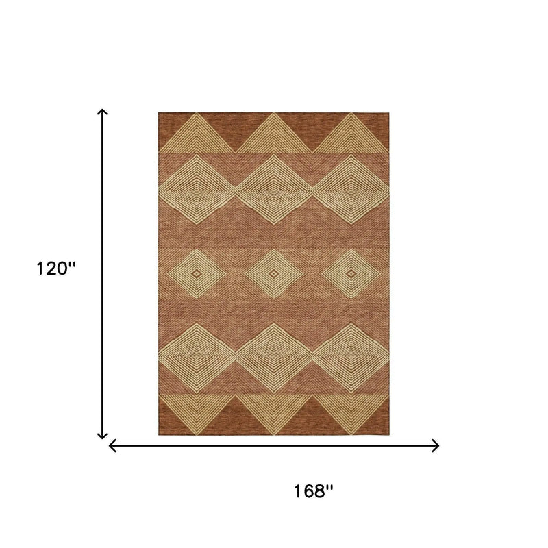 10' X 14' Orange And Copper Geometric Washable Indoor Outdoor Area Rug Homeroots Outdoor