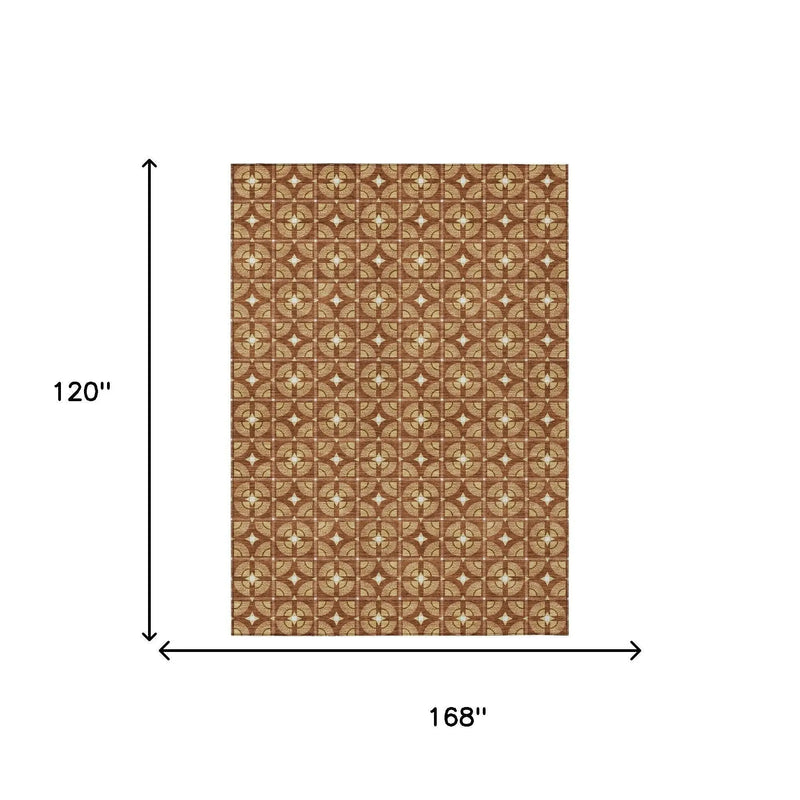 10' X 14' Orange And Copper Geometric Washable Indoor Outdoor Area Rug Homeroots Outdoor