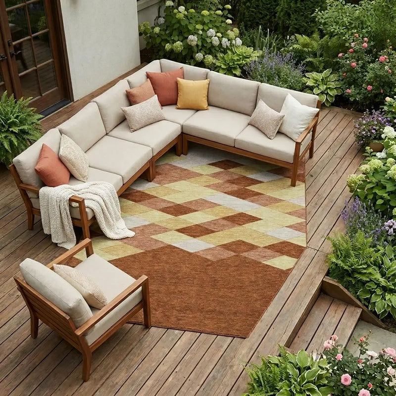 10' X 14' Orange And Copper Geometric Washable Indoor Outdoor Area Rug Homeroots Outdoor