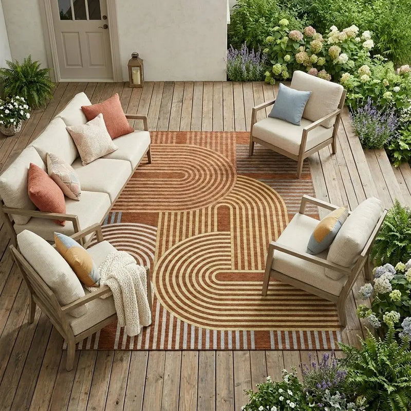 10' X 14' Orange And Copper Geometric Washable Indoor Outdoor Area Rug Homeroots Outdoor