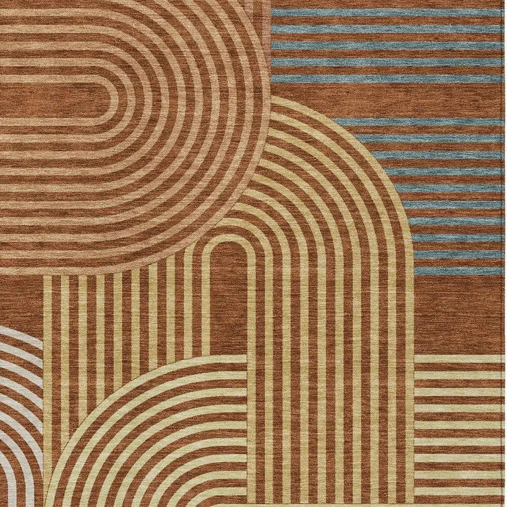 10' X 14' Orange And Copper Geometric Washable Indoor Outdoor Area Rug Homeroots Outdoor