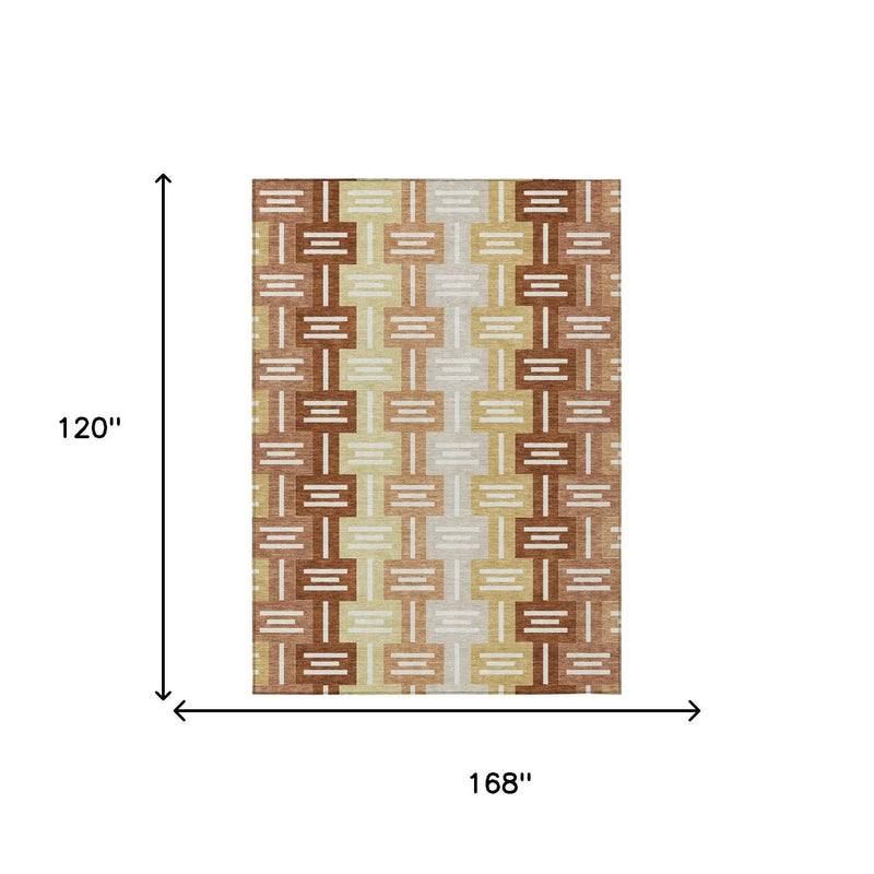 10' X 14' Orange And Copper Geometric Washable Indoor Outdoor Area Rug Homeroots Outdoor