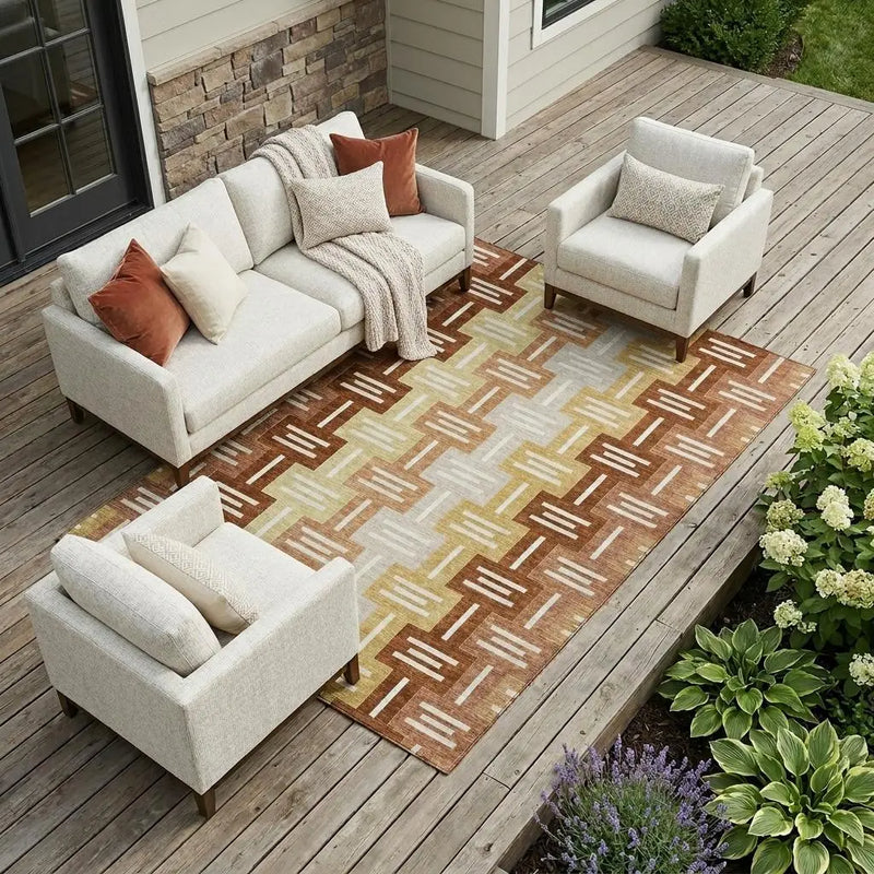 10' X 14' Orange And Copper Geometric Washable Indoor Outdoor Area Rug Homeroots Outdoor