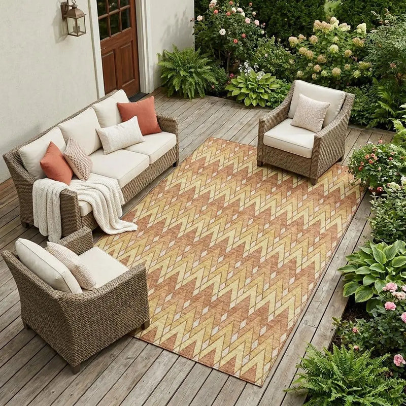 10' X 14' Orange And Copper Geometric Washable Indoor Outdoor Area Rug Homeroots Outdoor
