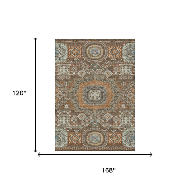 10' X 14' Orange And Copper Oriental Washable Indoor Outdoor Area Rug Homeroots Outdoor