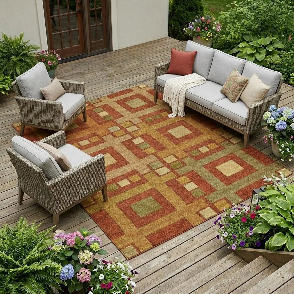 10' X 14' Orange And Gold Geometric Washable Indoor Outdoor Area Rug Homeroots Outdoor