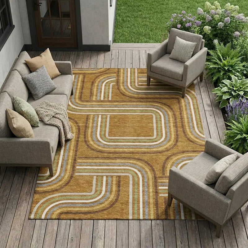 10' X 14' Orange And Gold Geometric Washable Indoor Outdoor Area Rug Homeroots Outdoor