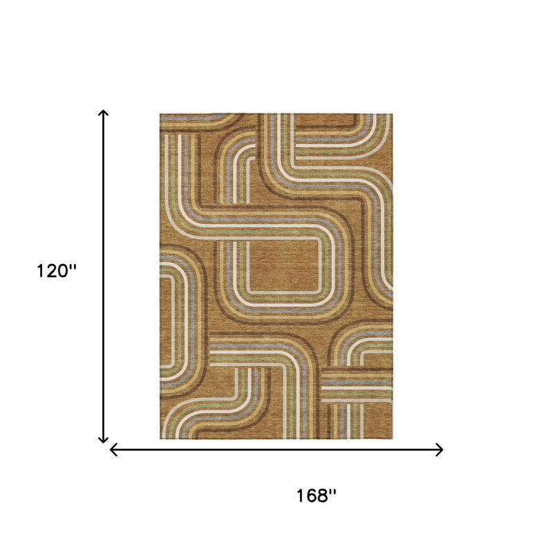 10' X 14' Orange And Gold Geometric Washable Indoor Outdoor Area Rug Homeroots Outdoor