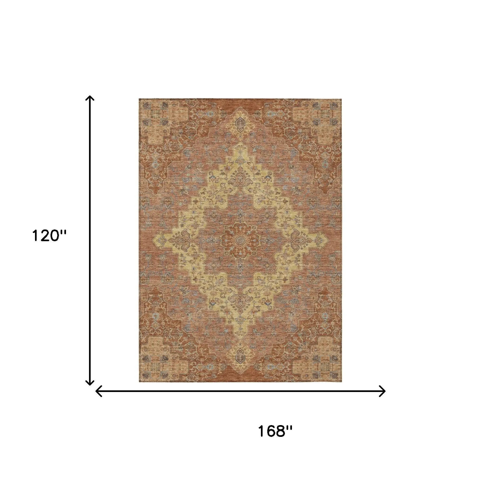 10' X 14' Orange And Gold Medallion Washable Indoor Outdoor Area Rug Homeroots Outdoor