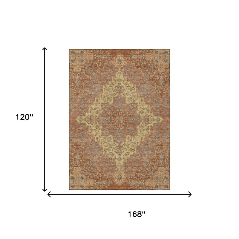 10' X 14' Orange And Gold Medallion Washable Indoor Outdoor Area Rug Homeroots Outdoor