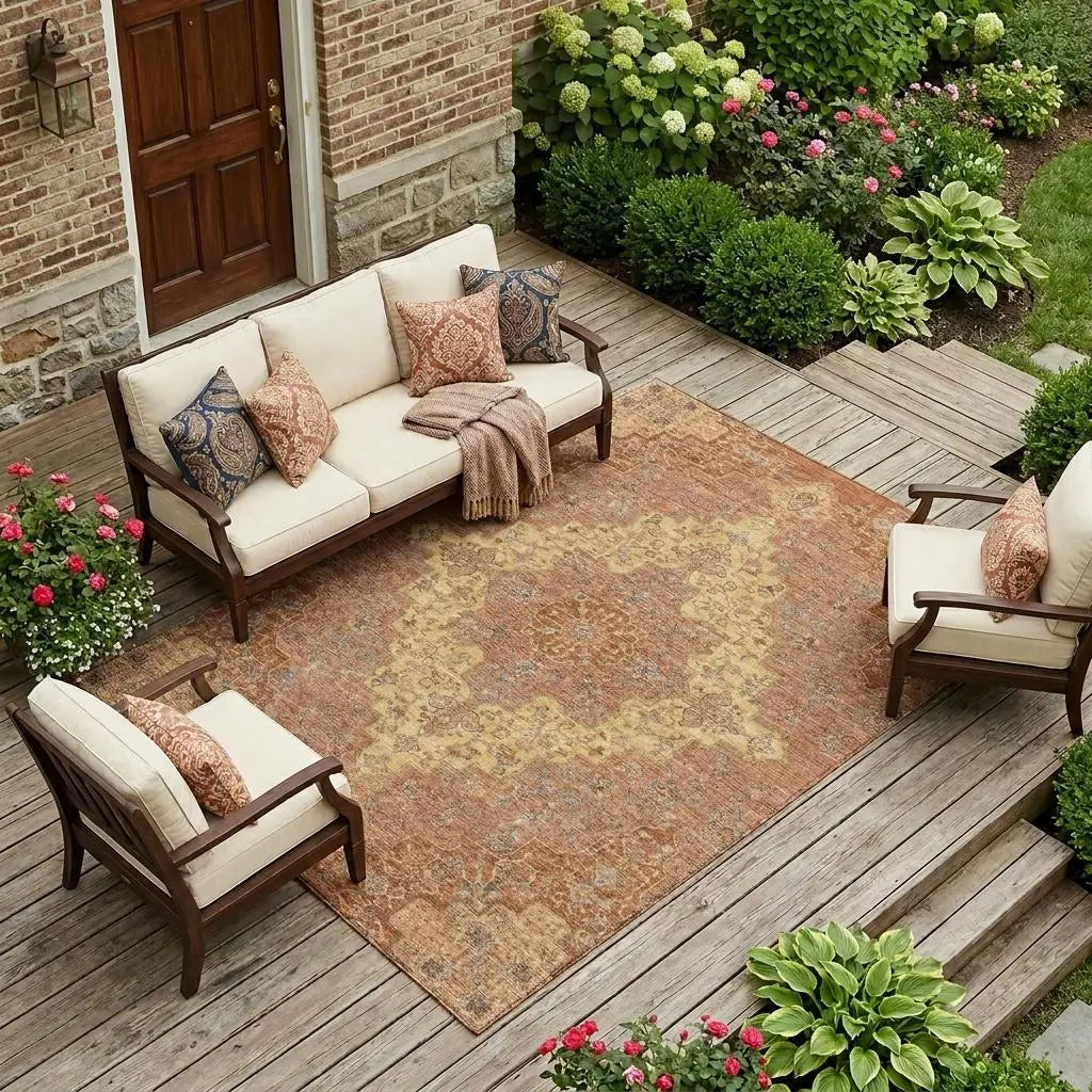 10' X 14' Orange And Gold Medallion Washable Indoor Outdoor Area Rug Homeroots Outdoor