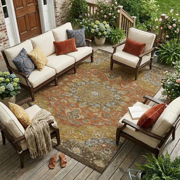 10' X 14' Orange And Gold Oriental Washable Indoor Outdoor Area Rug Homeroots Outdoor