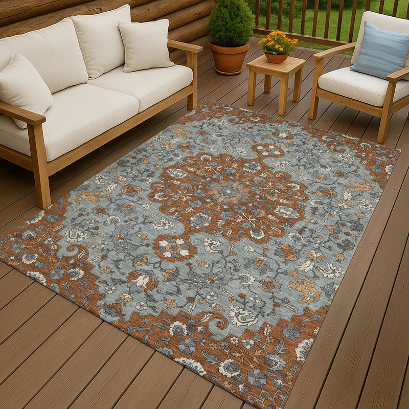 10' X 14' Orange And Gray Floral Medallion Washable Indoor Outdoor Area Rug Homeroots Outdoor