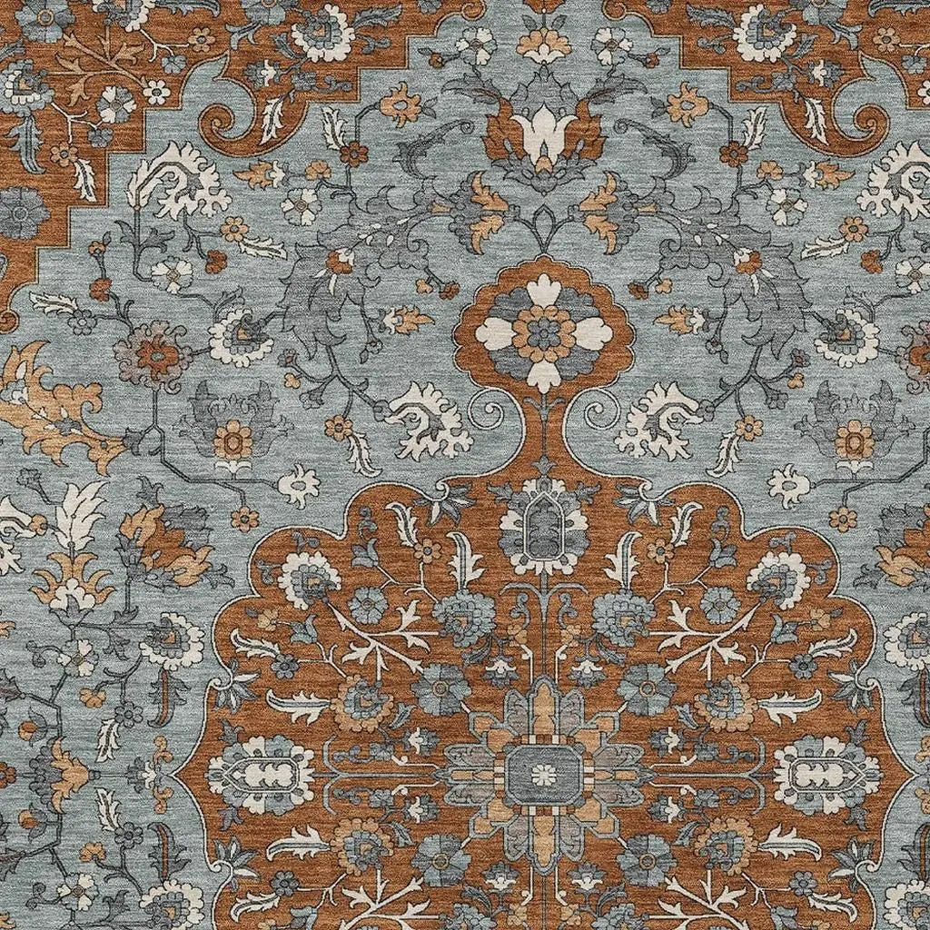 10' X 14' Orange And Gray Floral Medallion Washable Indoor Outdoor Area Rug Homeroots Outdoor