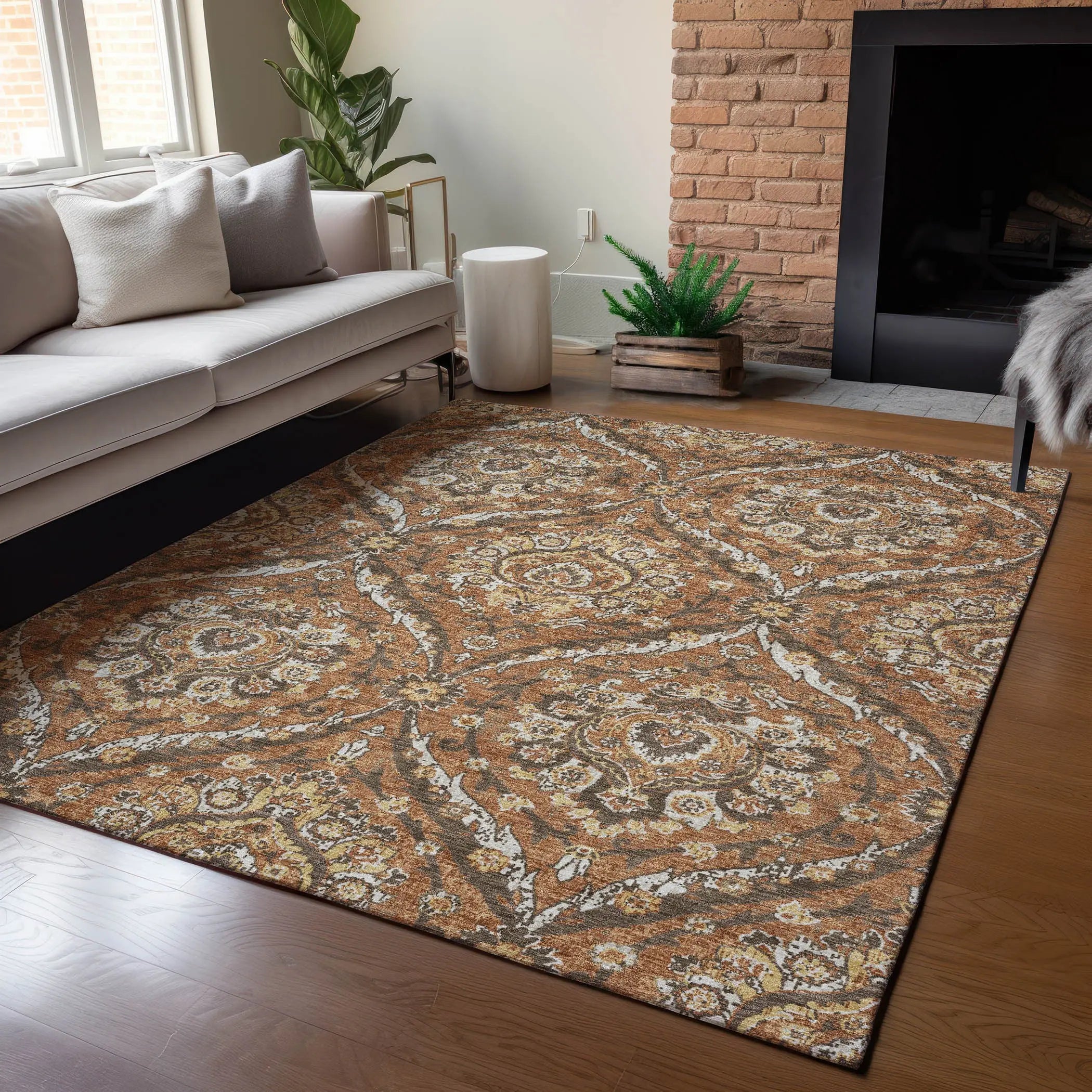 10' X 14' Orange And Green Floral Washable Indoor Outdoor Area Rug Homeroots Outdoor
