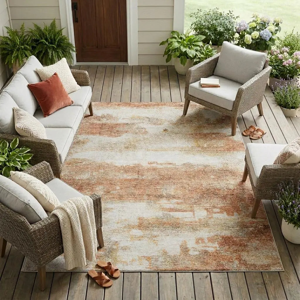 10' X 14' Orange And Ivory Abstract Washable Indoor Outdoor Area Rug Homeroots Outdoor